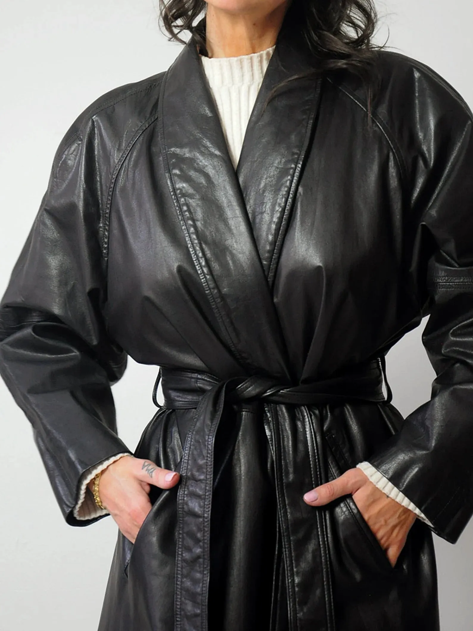 1980's Black Leather Trench Coat