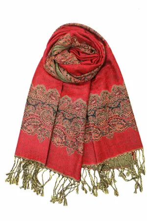 Achillea Red Border Pashmina Shawl Wrap Scarf