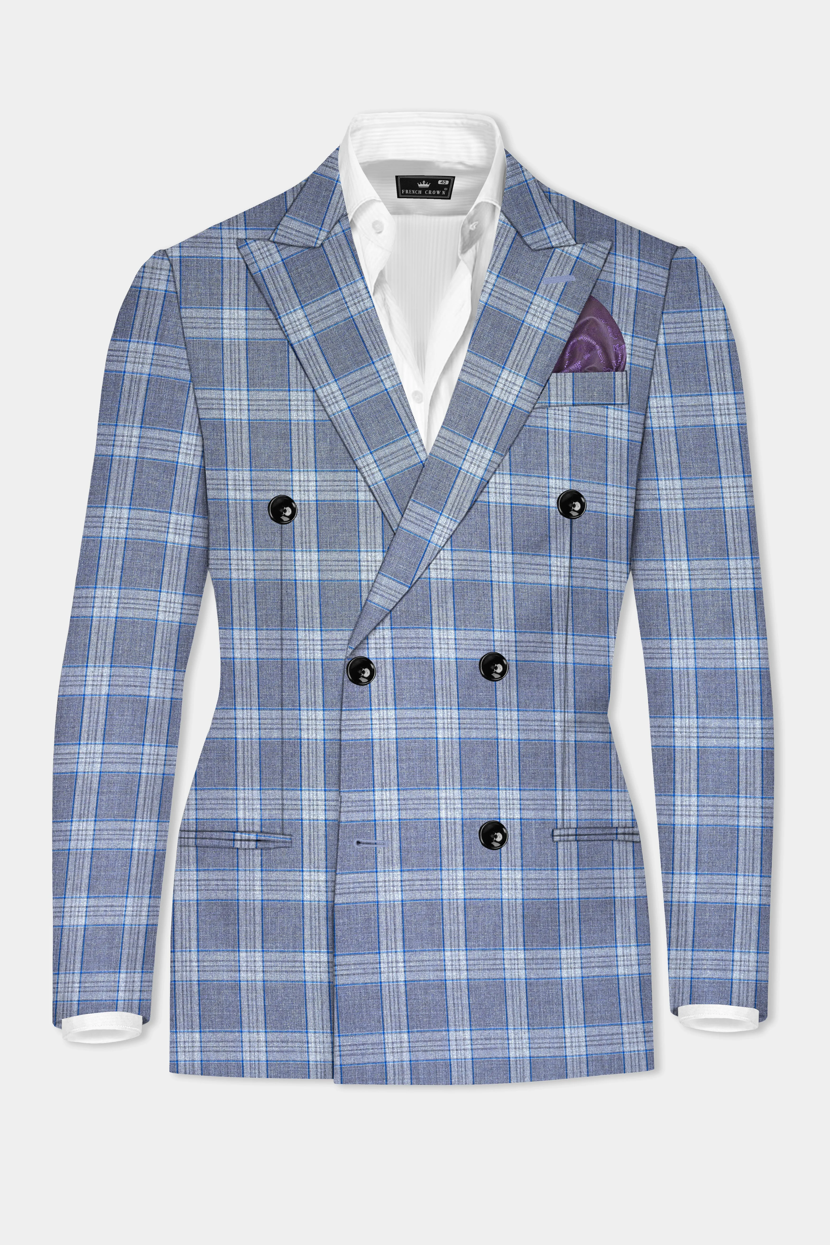 Amethyst Smoke Blue Checked Wool Blend Double Breasted Suit