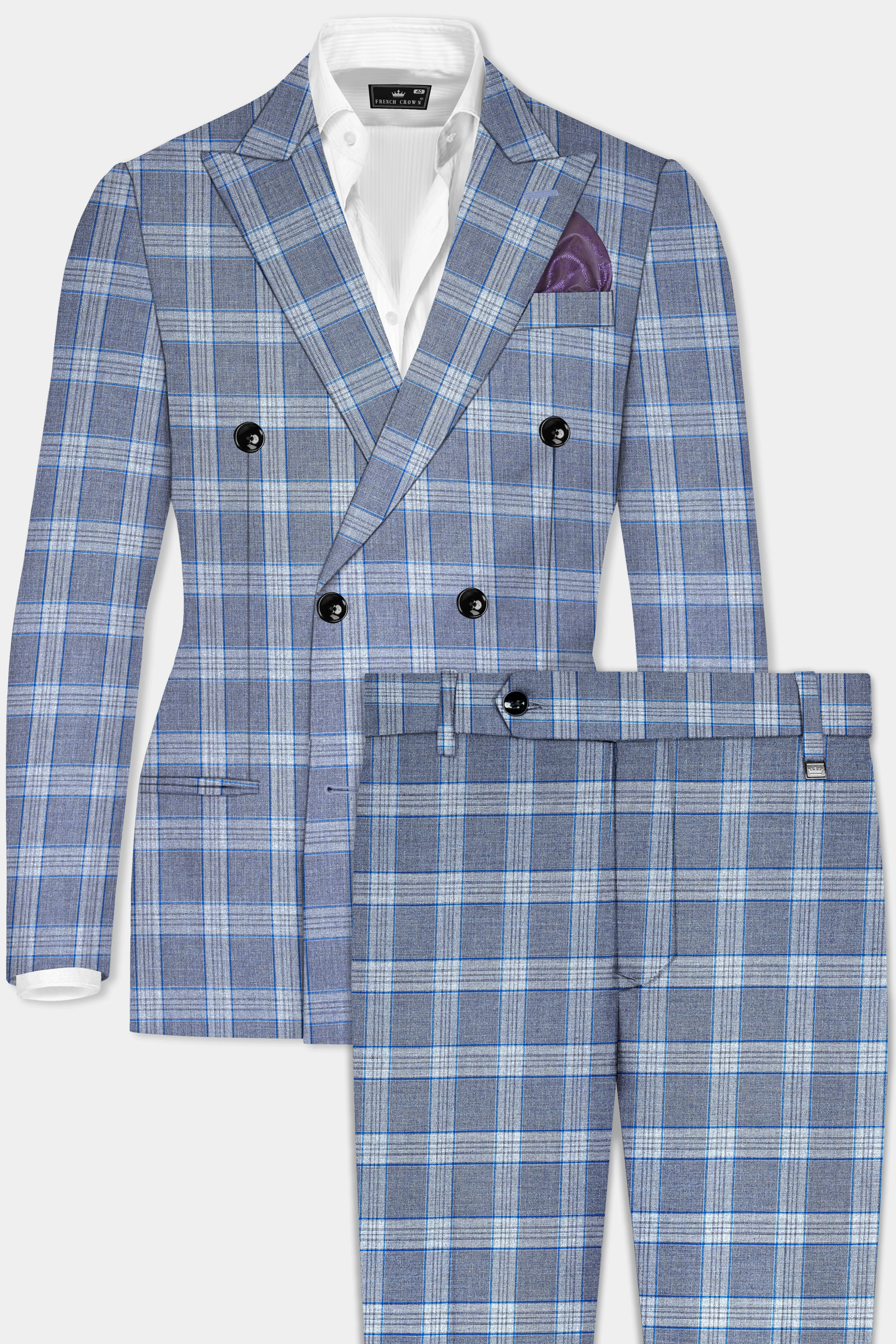 Amethyst Smoke Blue Checked Wool Blend Double Breasted Suit