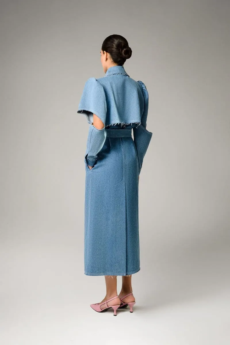 AQUA DENIM CUT-OUT TRENCH COAT