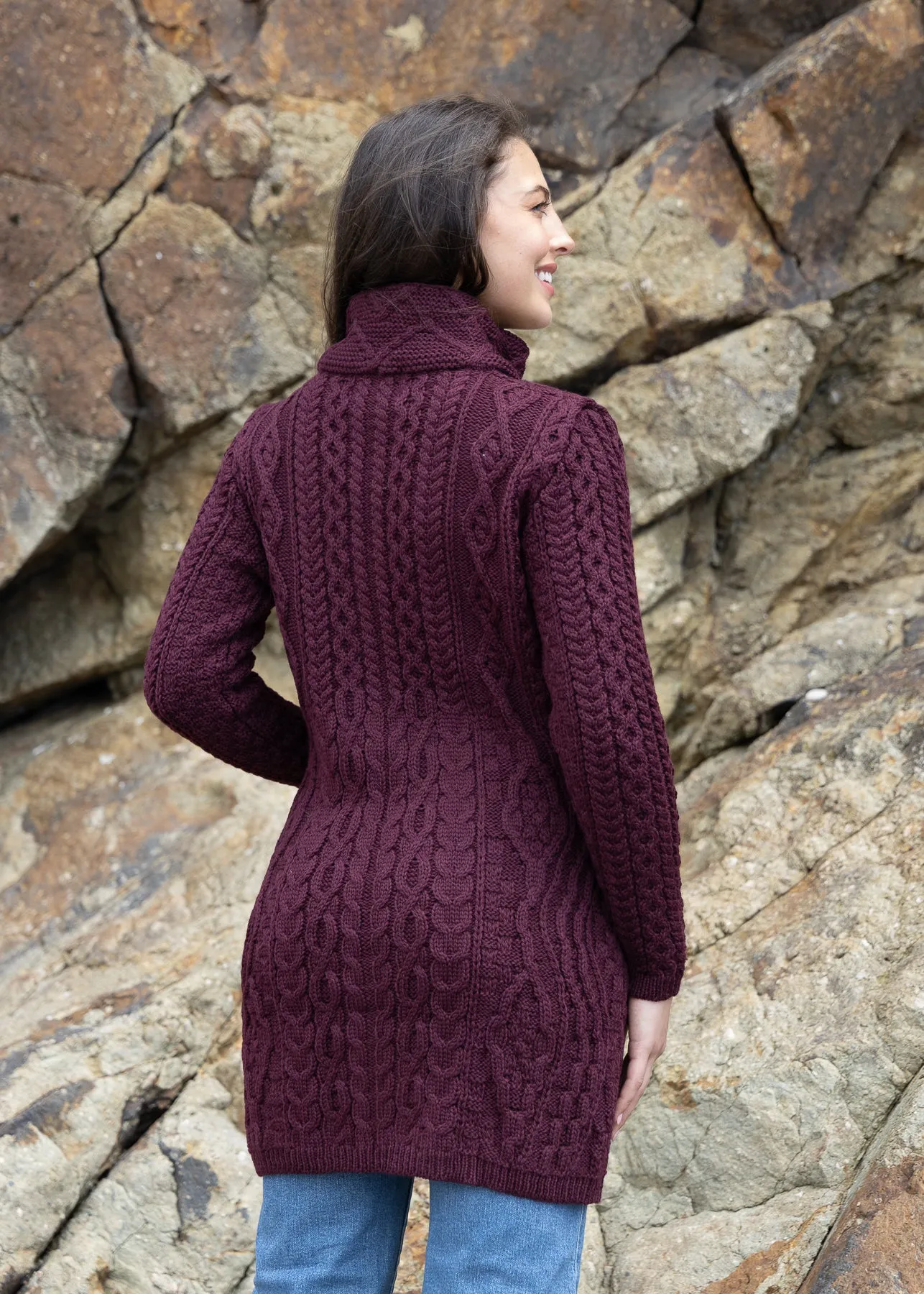 Aran Long Fitted Coat | Burgundy