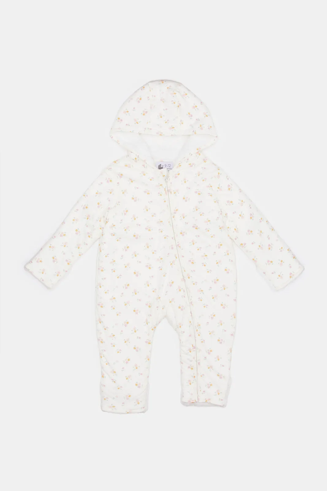 Babies Ecru Printed Hooded Jumpsuit Coat