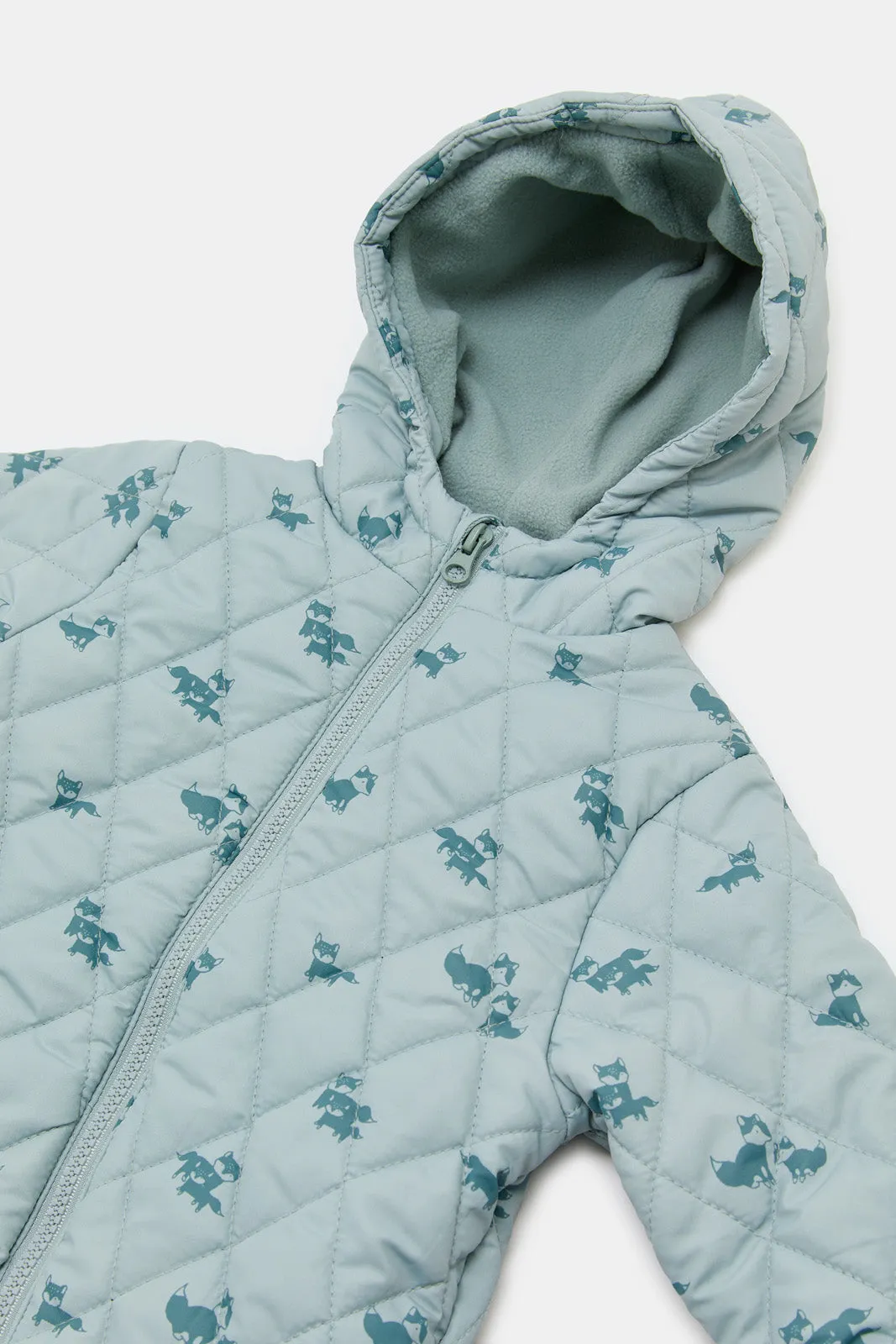 Babies Teal Printed Hooded Jumpsuit Coat