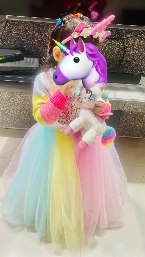 Baby Girl’s Unicorn Themed Frock with Unicorn Hair Band Full Length Gown