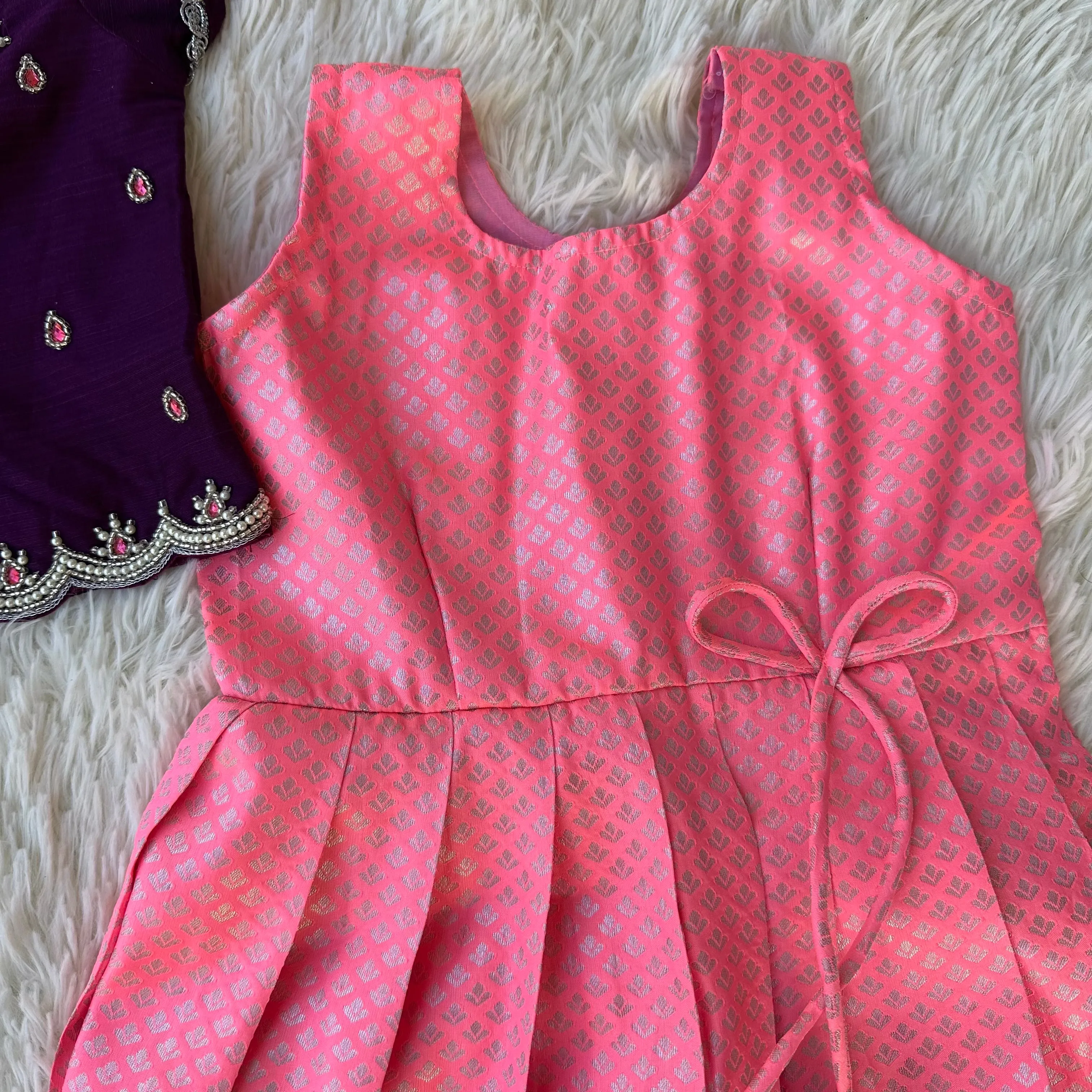 Baby Pink Frock with Dark Purple Aari Work Overcoat for Kids