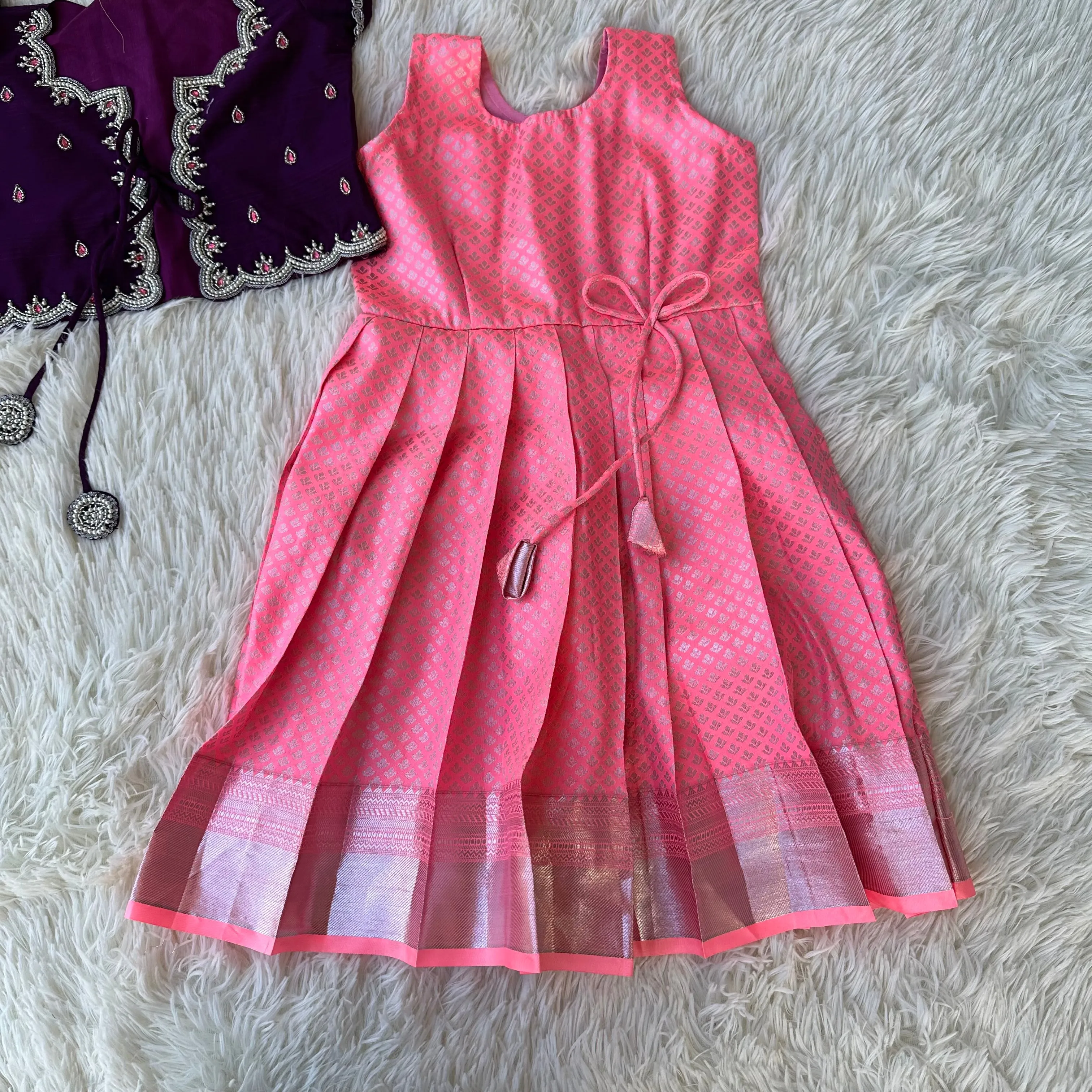 Baby Pink Frock with Dark Purple Aari Work Overcoat for Kids