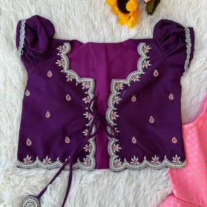 Baby Pink Frock with Dark Purple Aari Work Overcoat for Kids