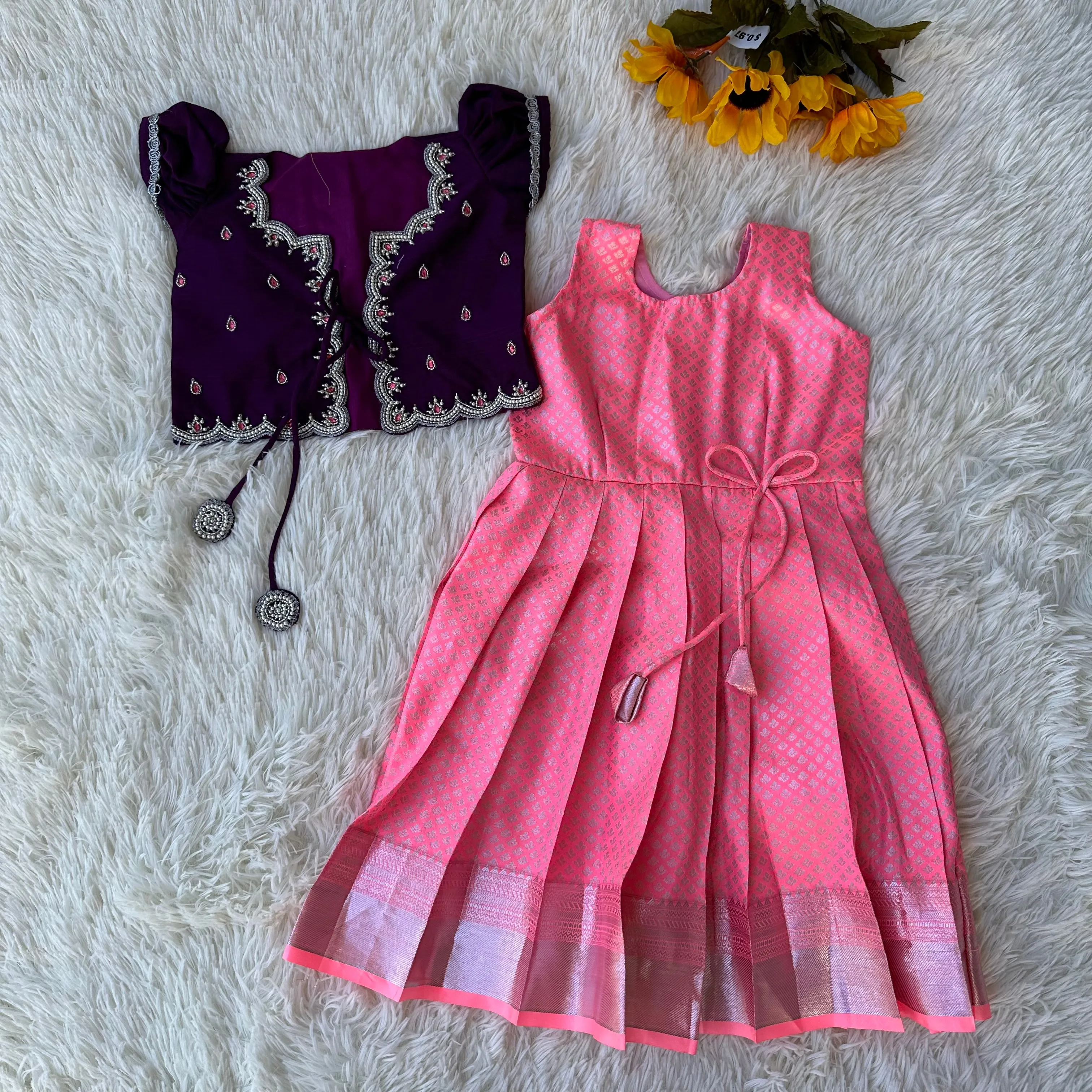 Baby Pink Frock with Dark Purple Aari Work Overcoat for Kids