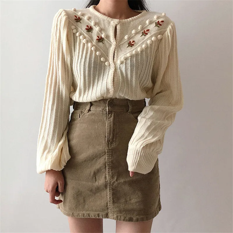 Beige Sweet Gentle Hook Floral Lantern-Sleeved Girls Knitted Korea Cute Chic Free Simple Fresh Cardigans Sweaters