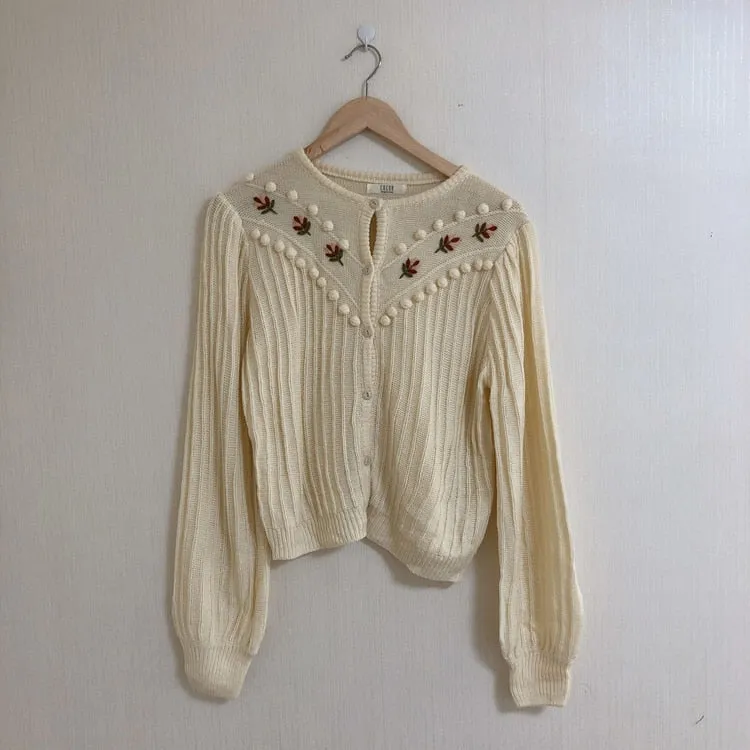 Beige Sweet Gentle Hook Floral Lantern-Sleeved Girls Knitted Korea Cute Chic Free Simple Fresh Cardigans Sweaters