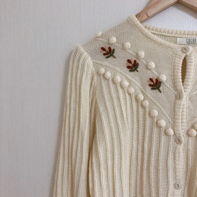 Beige Sweet Gentle Hook Floral Lantern-Sleeved Girls Knitted Korea Cute Chic Free Simple Fresh Cardigans Sweaters