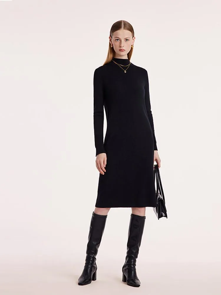 Black Pure Wool Mock Neck Knit Dress