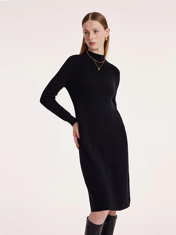 Black Pure Wool Mock Neck Knit Dress