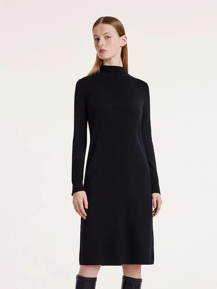 Black Pure Wool Mock Neck Knit Dress