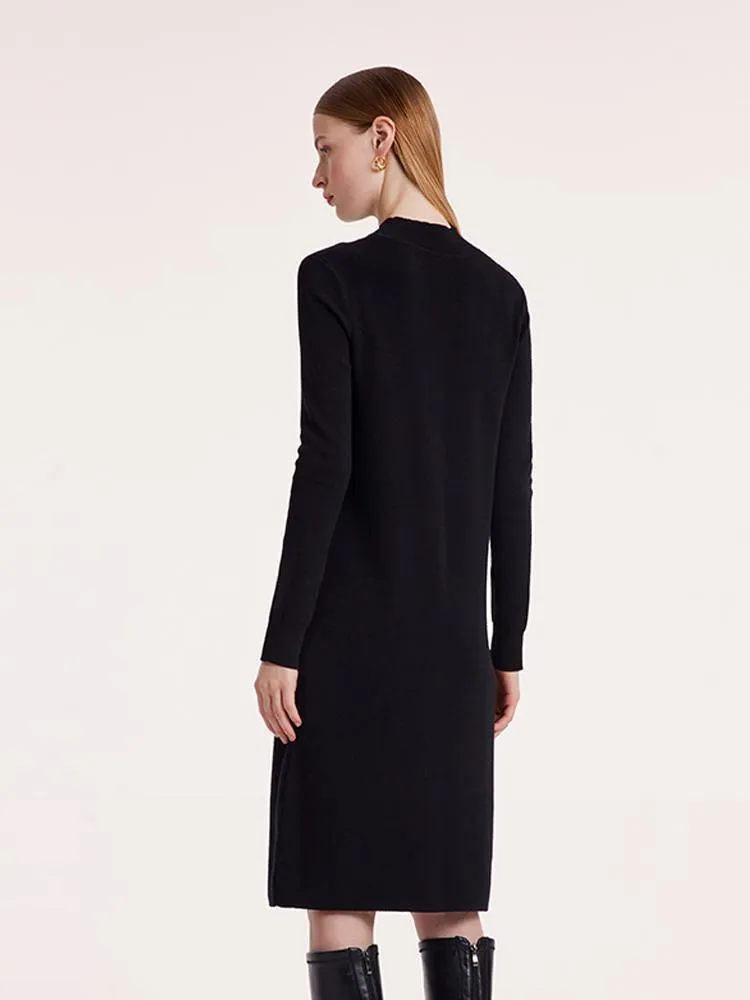 Black Pure Wool Mock Neck Knit Dress