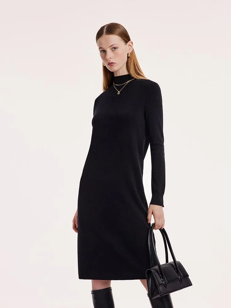 Black Pure Wool Mock Neck Knit Dress