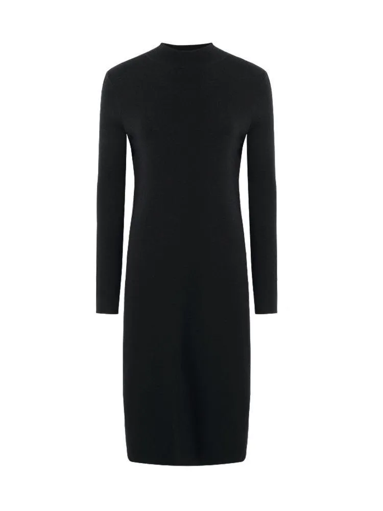 Black Pure Wool Mock Neck Knit Dress