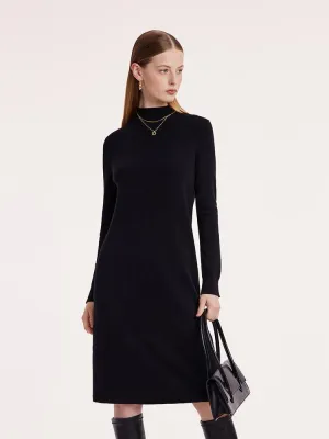 Black Pure Wool Mock Neck Knit Dress