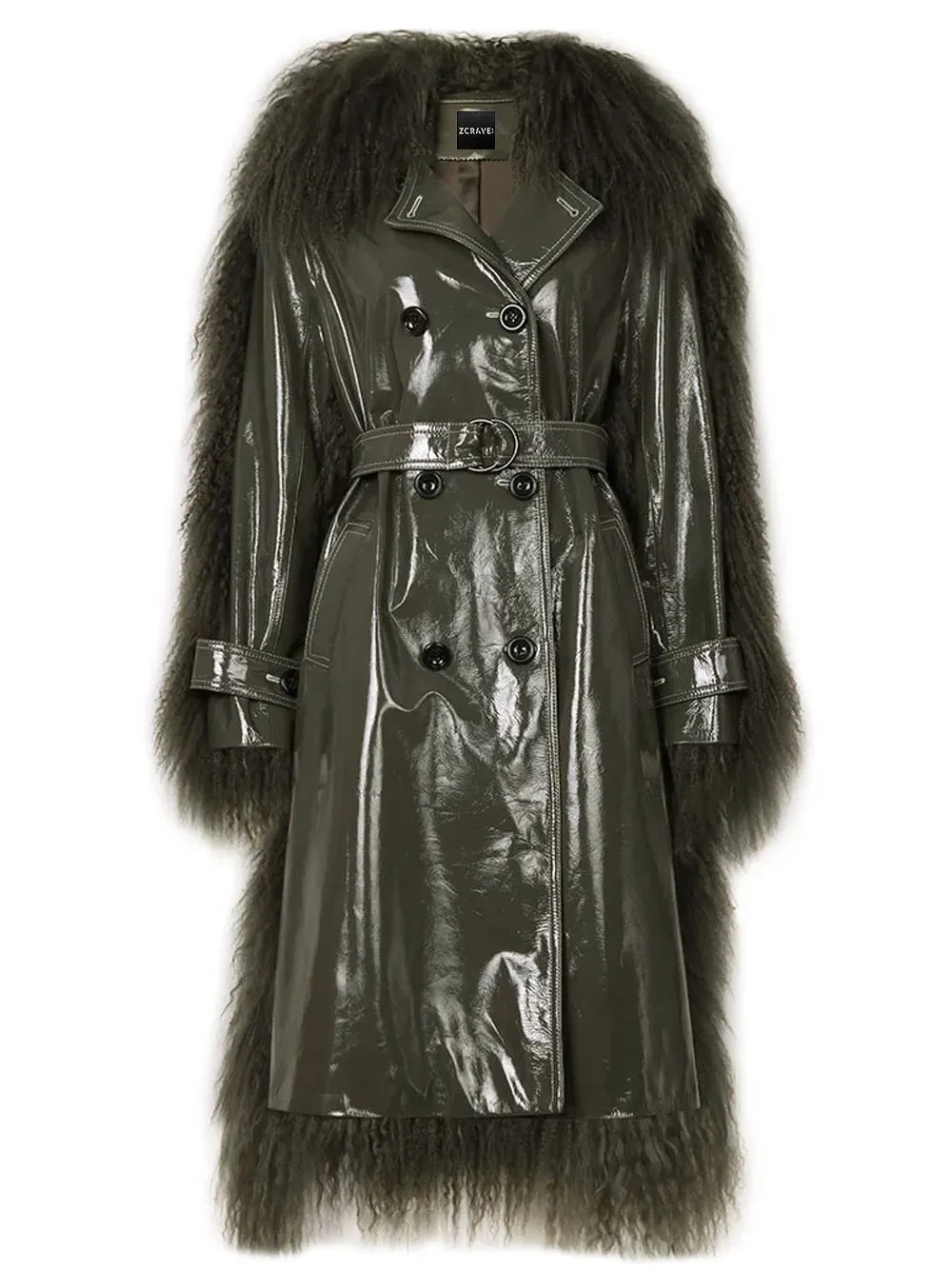 BOWERY Shearling Trim Vinyl Trench Coat