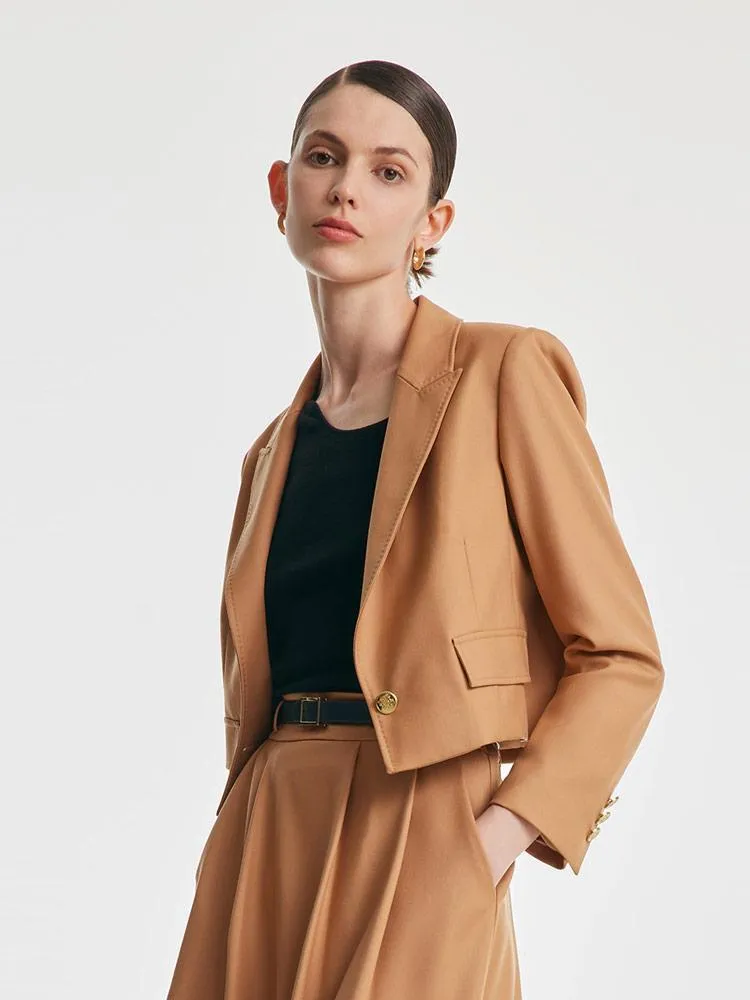 Camel Worsted Woolen Cropped Women Blazer