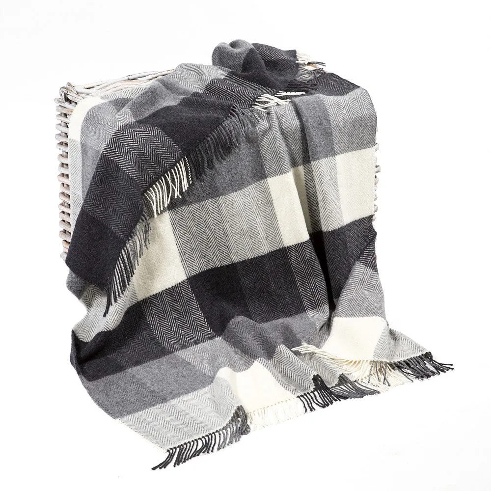 Cashmere Throw White Grey Herringbone Block Check