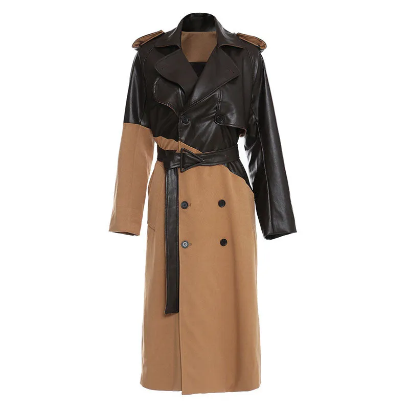 Chic Vegan Leather Panel Lapel Collar Double Breasted Belted Trench Coat - Khaki