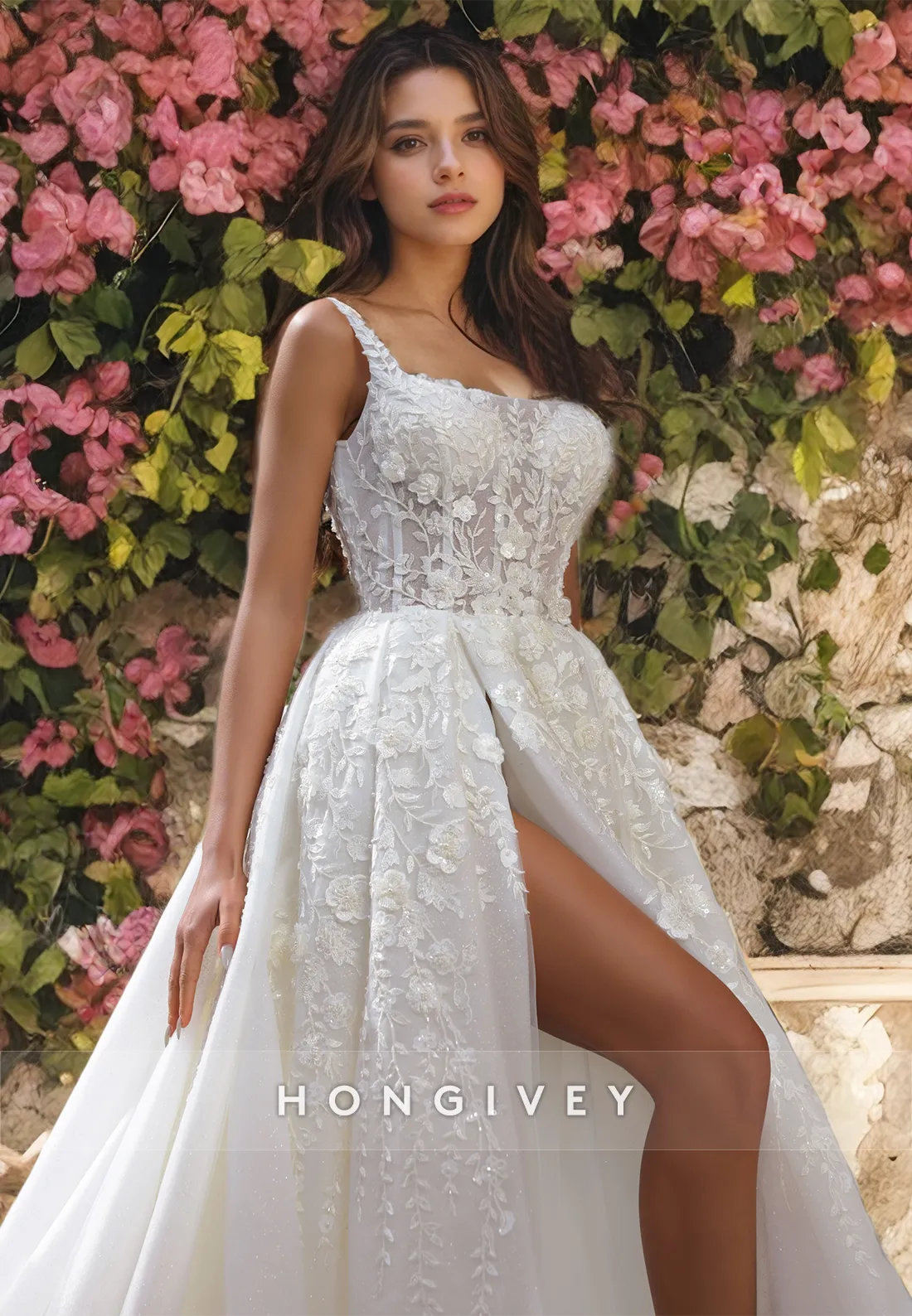 Classic & Timeless Illusion Square Spaghetti Straps Appliques With Train Wedding Dress