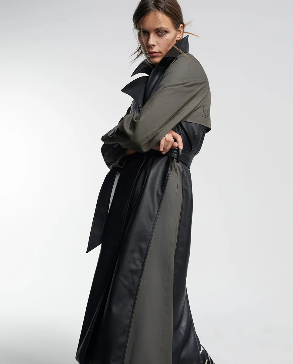 Contrast faux leather trench coat