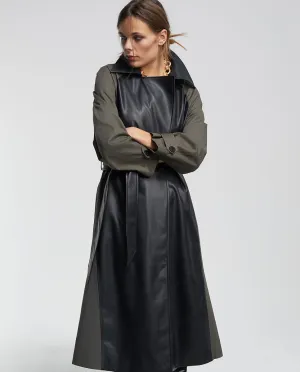 Contrast faux leather trench coat