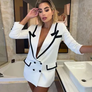 Contrast Peak Lapel Double Breasted Oversized Blazer Mini Dress - White