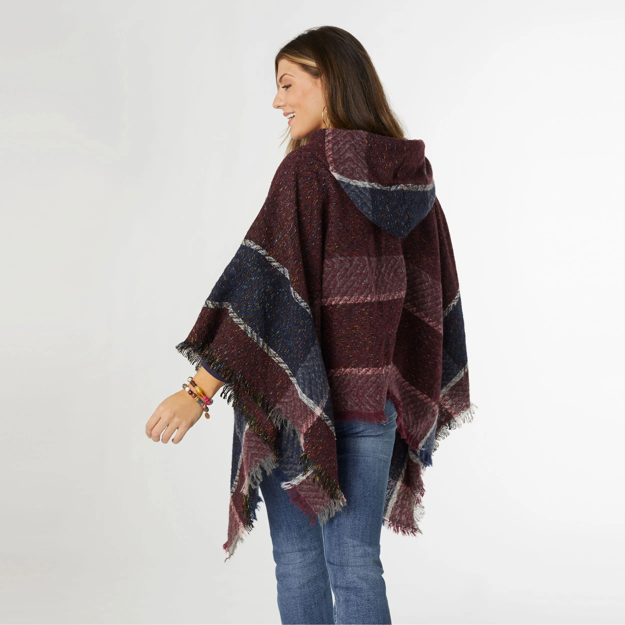 Copacabana Hooded Poncho - Burgundy/Navy