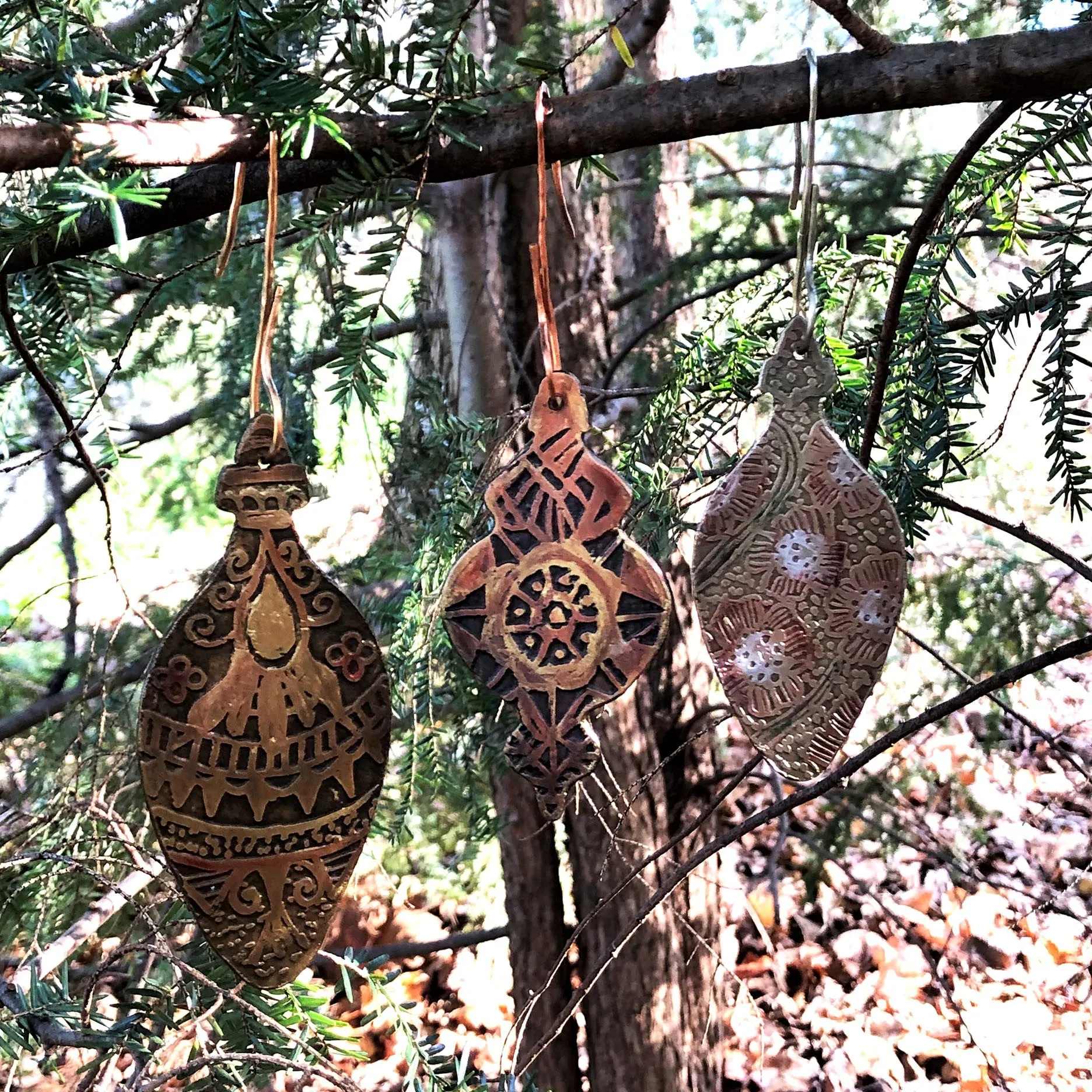 Custom Hand Drawn and Etched Holiday Ornaments in Red Brass, Copper and Silver Nickel