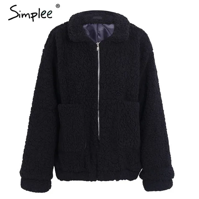 Faux lambswool oversized jacket coat Winter black warm hairly  jacket Women autumn outerwear new female overcoat