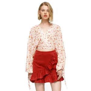 Floral Wrap Front Crop Blouse In Coral Gold