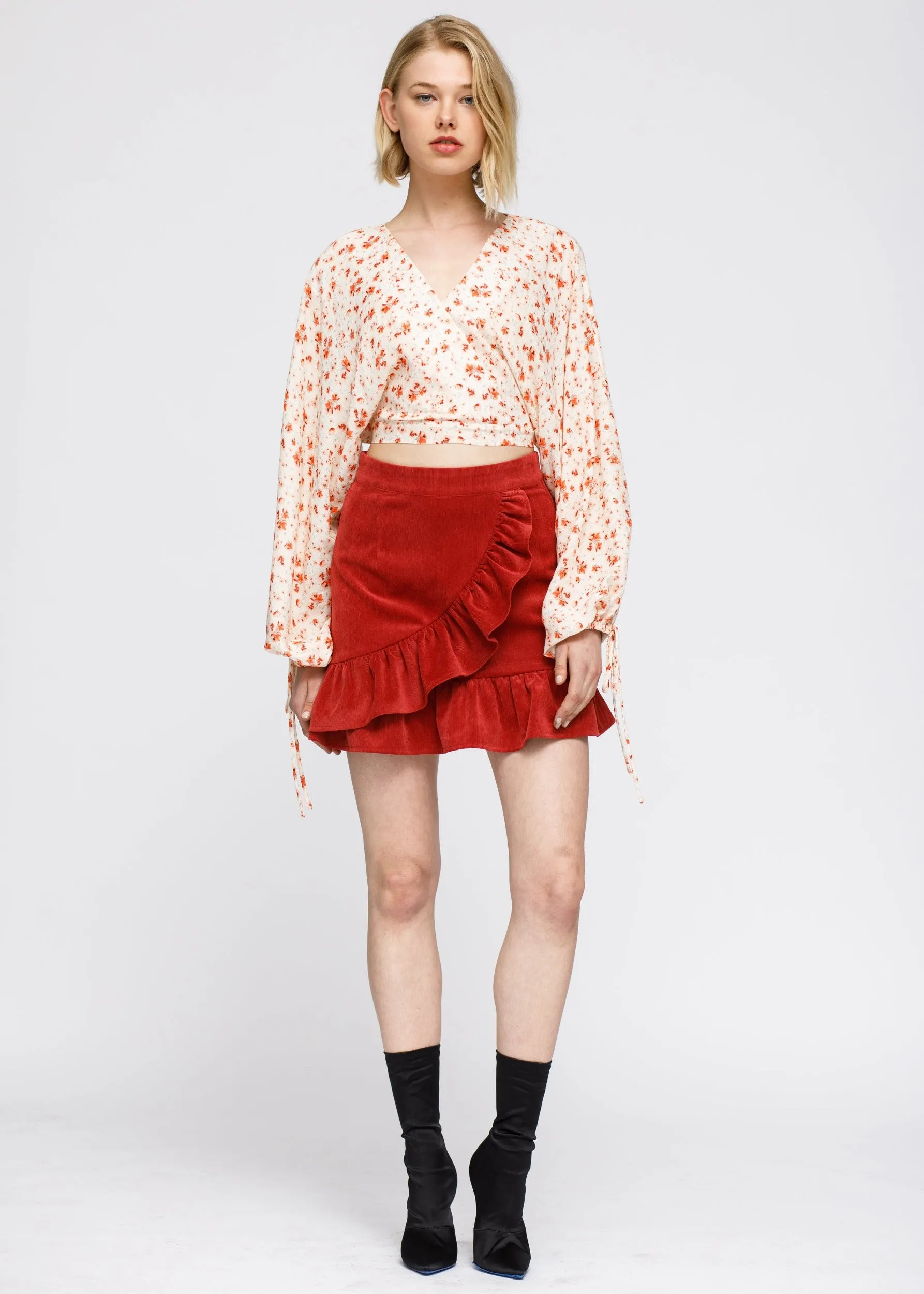 Floral Wrap Front Crop Blouse In Coral Gold