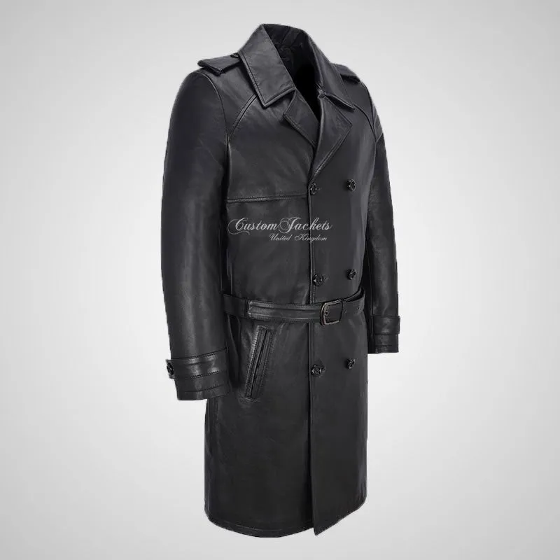 JAGER Men's Leather Trench Coat Black Double Breasted Leather Coat