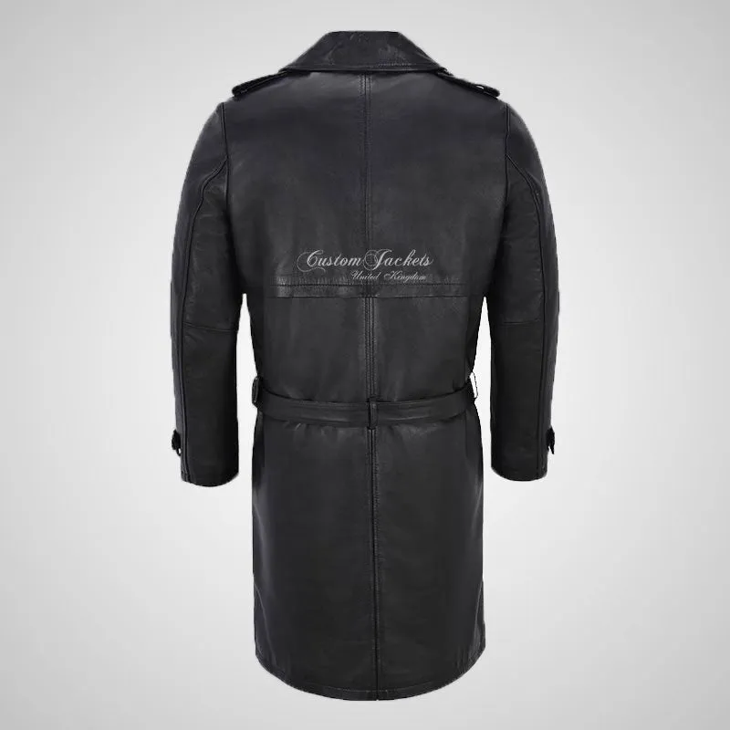 JAGER Men's Leather Trench Coat Black Double Breasted Leather Coat