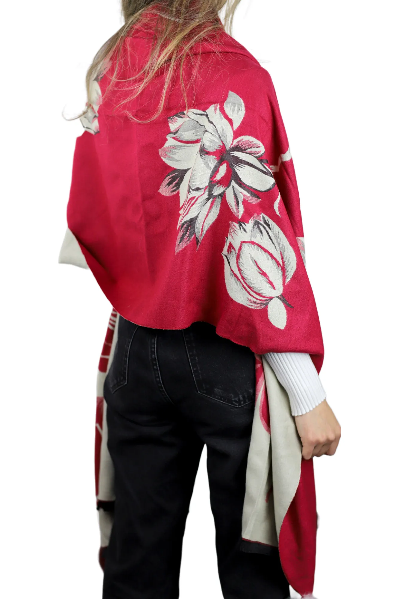 La Fiorentina Garden Print Wrap with Fur Poms - Red/Ivory