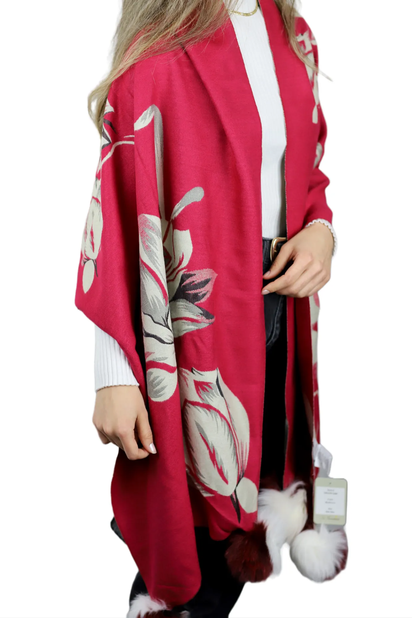 La Fiorentina Garden Print Wrap with Fur Poms - Red/Ivory