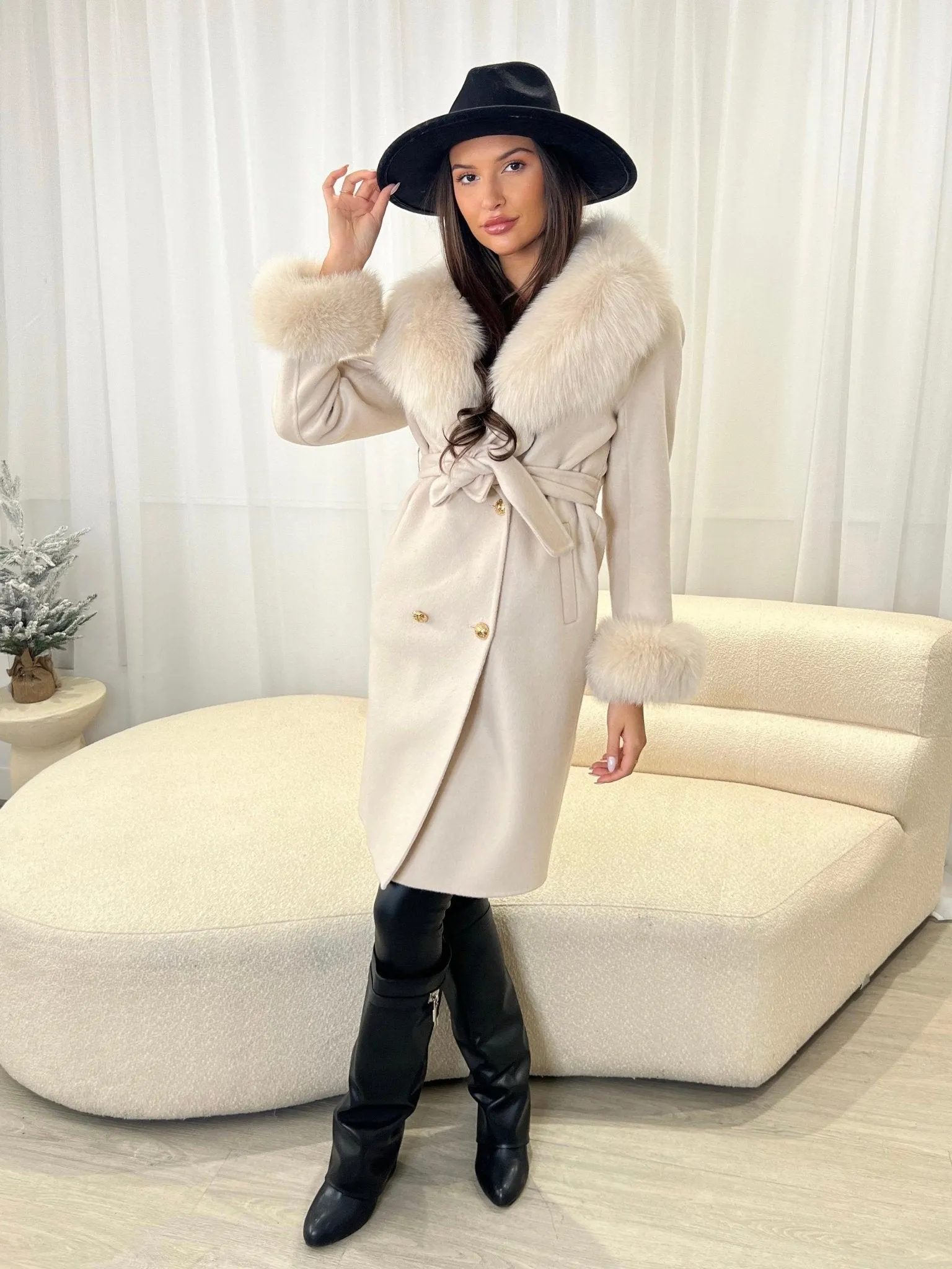 Light Beige Luxury Fur Cashmere Coat