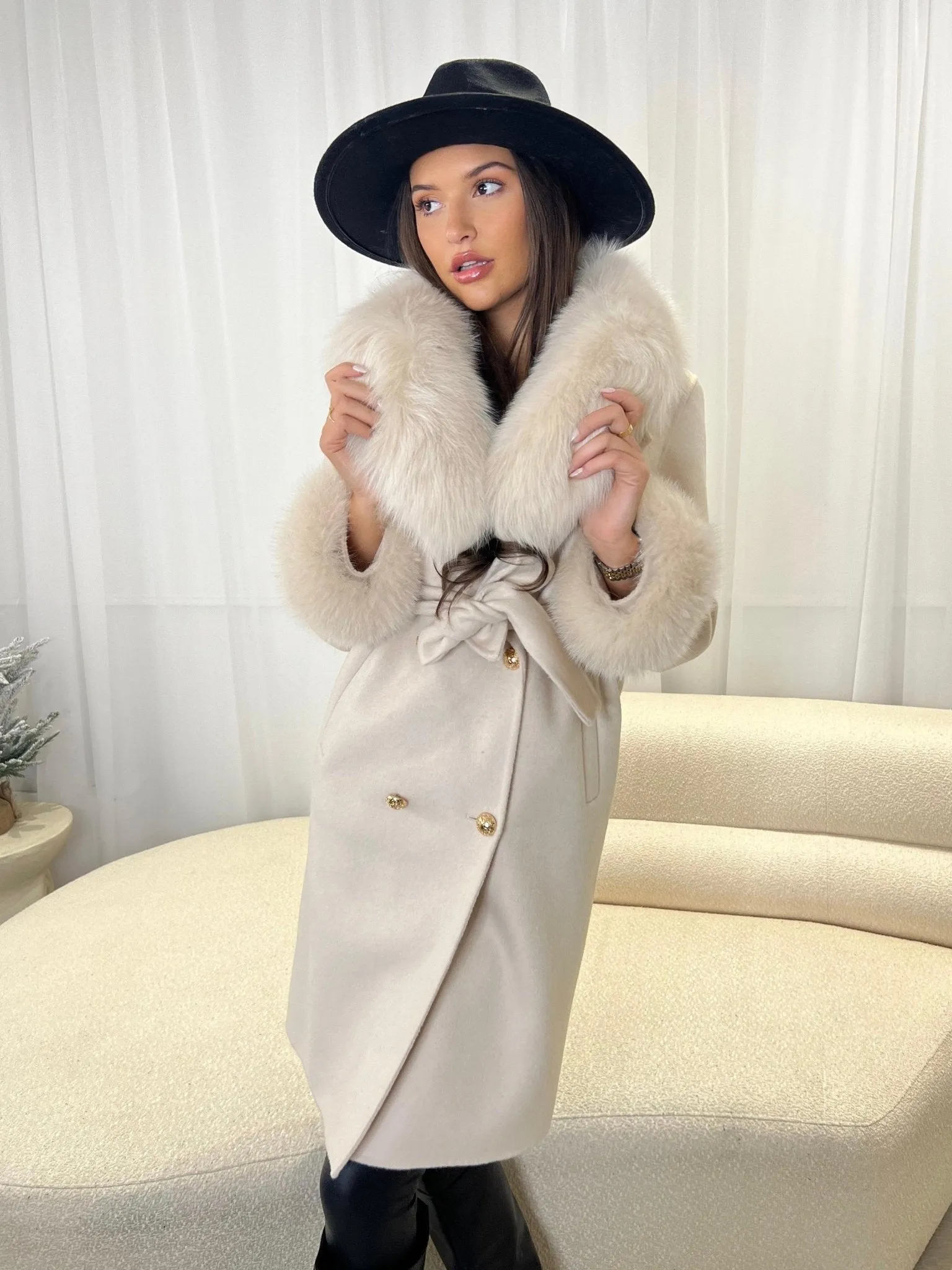 Light Beige Luxury Fur Cashmere Coat