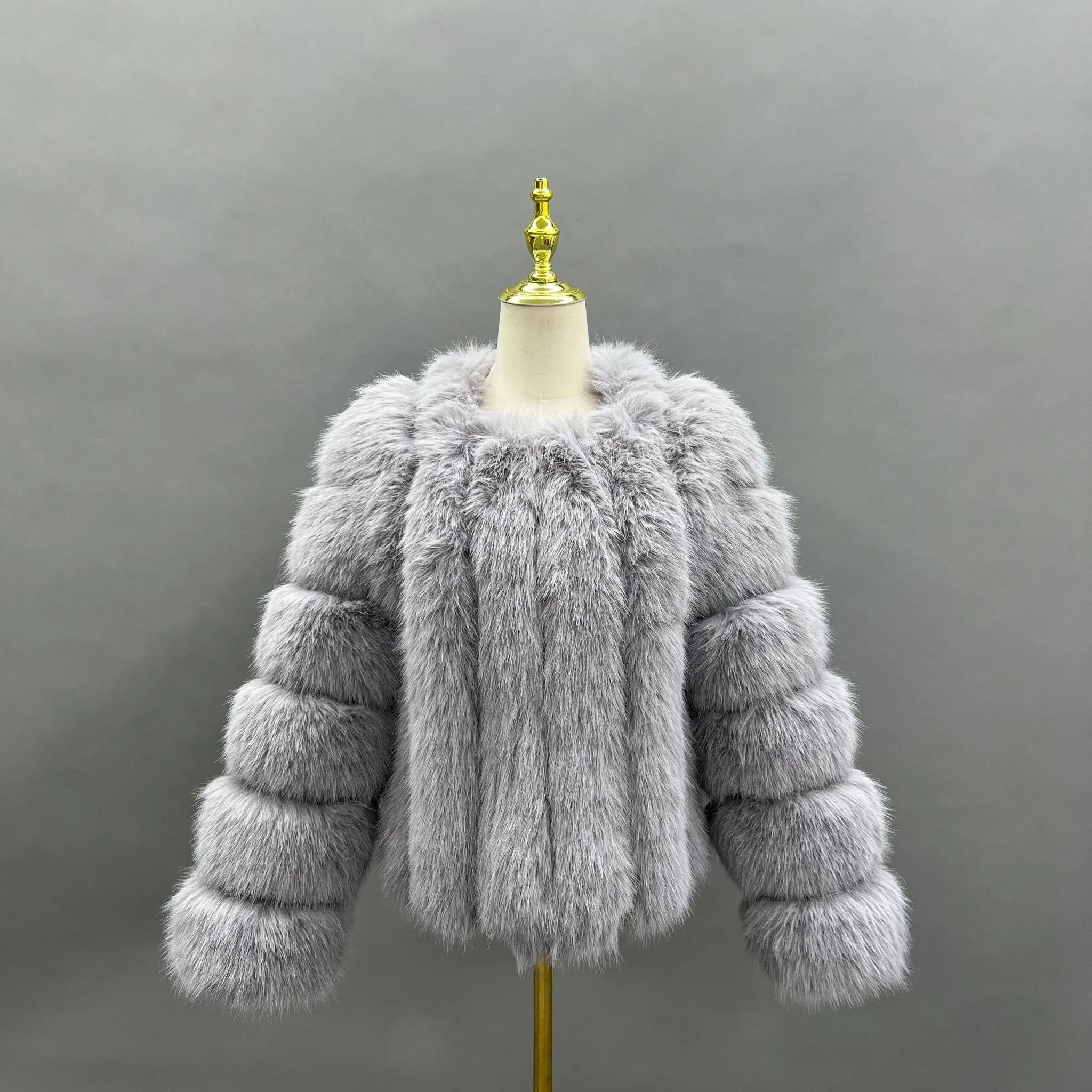 Light Grey Vertical Design Faux Fur Coat