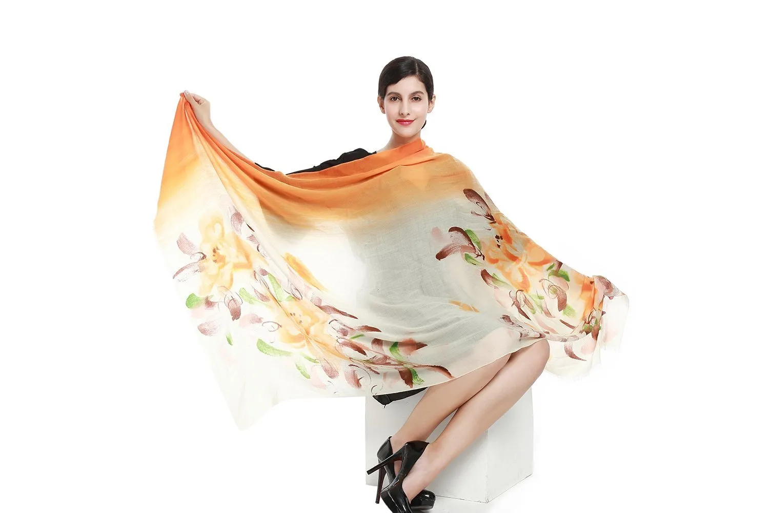 Luxurious Extra Wide 100% Cashmere Scarf & Wrap Orange Floral Print CSH217