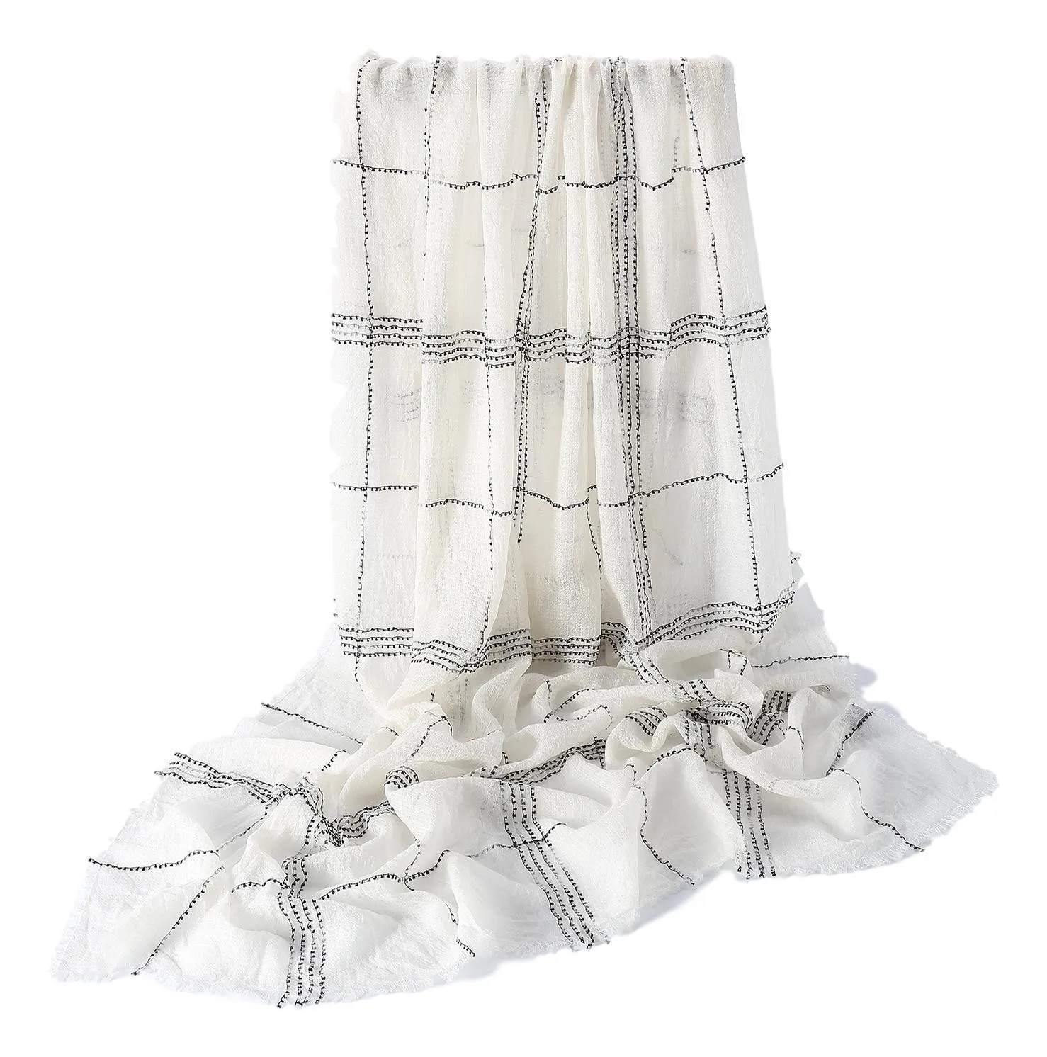 Luxurious Extra Wide 100% Cashmere Scarf & Wrap White Color Plaid Print CSH231