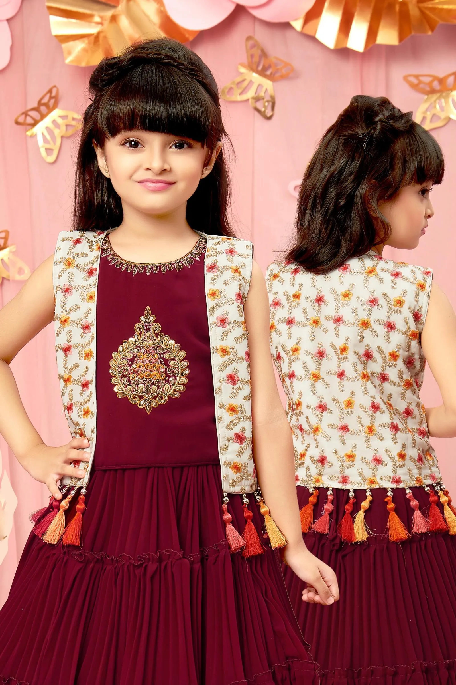 Maroon with White Overcoat Style Lehenga Choli for Girls