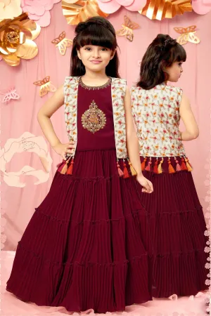 Maroon with White Overcoat Style Lehenga Choli for Girls