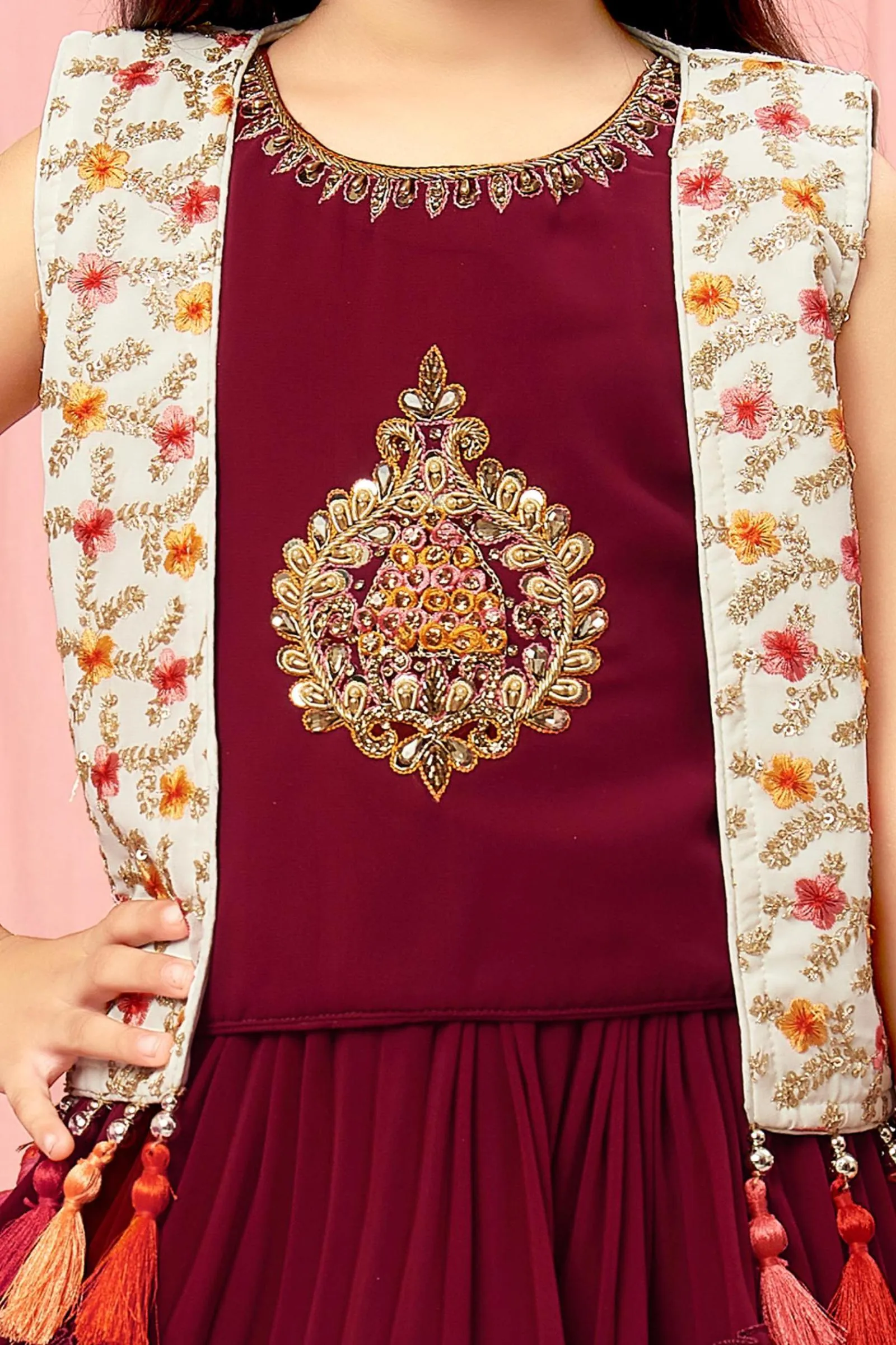 Maroon with White Overcoat Style Lehenga Choli for Girls