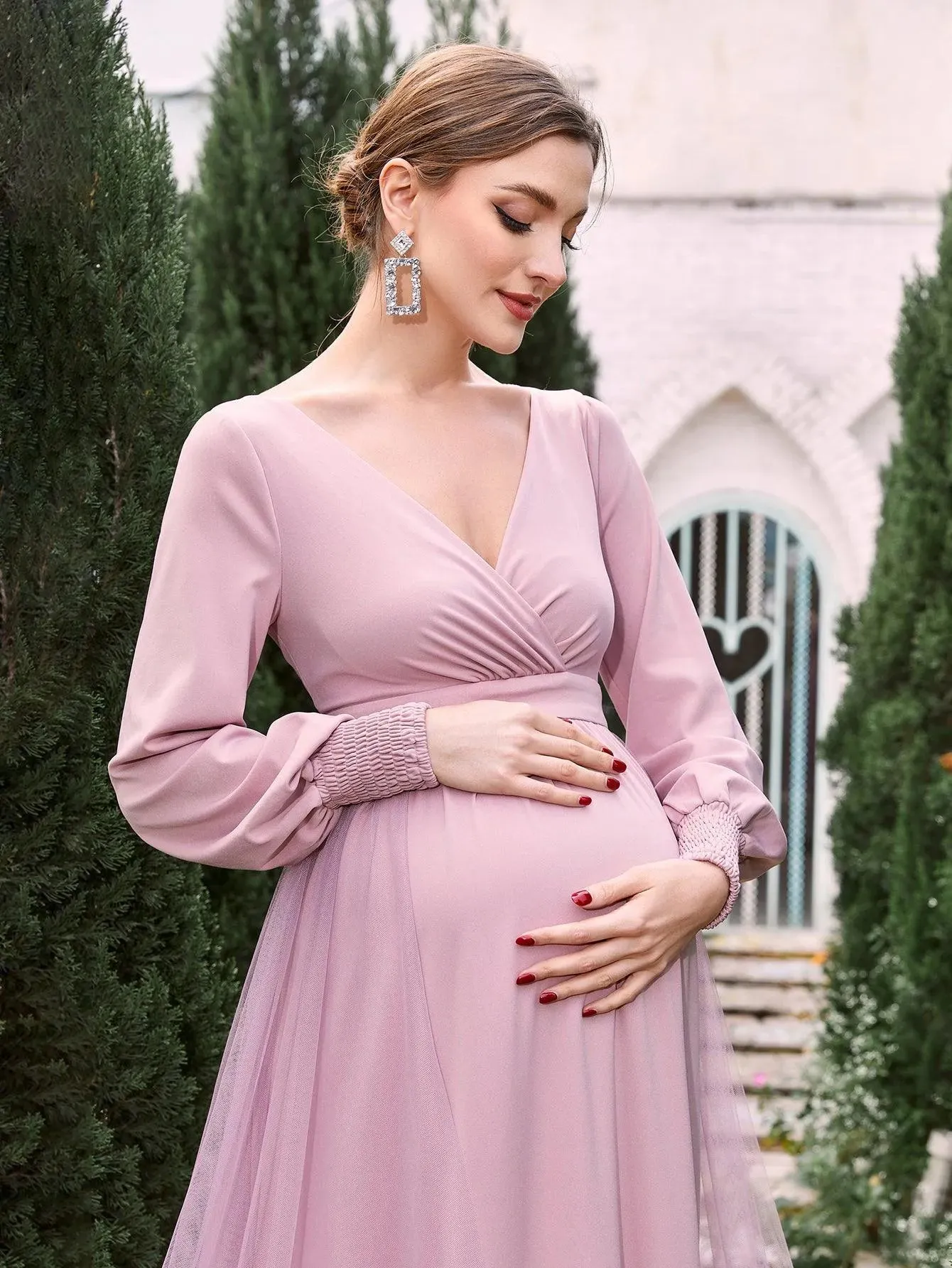 Maternity Solid Surplice Neck Mesh Overlay Formal Dress