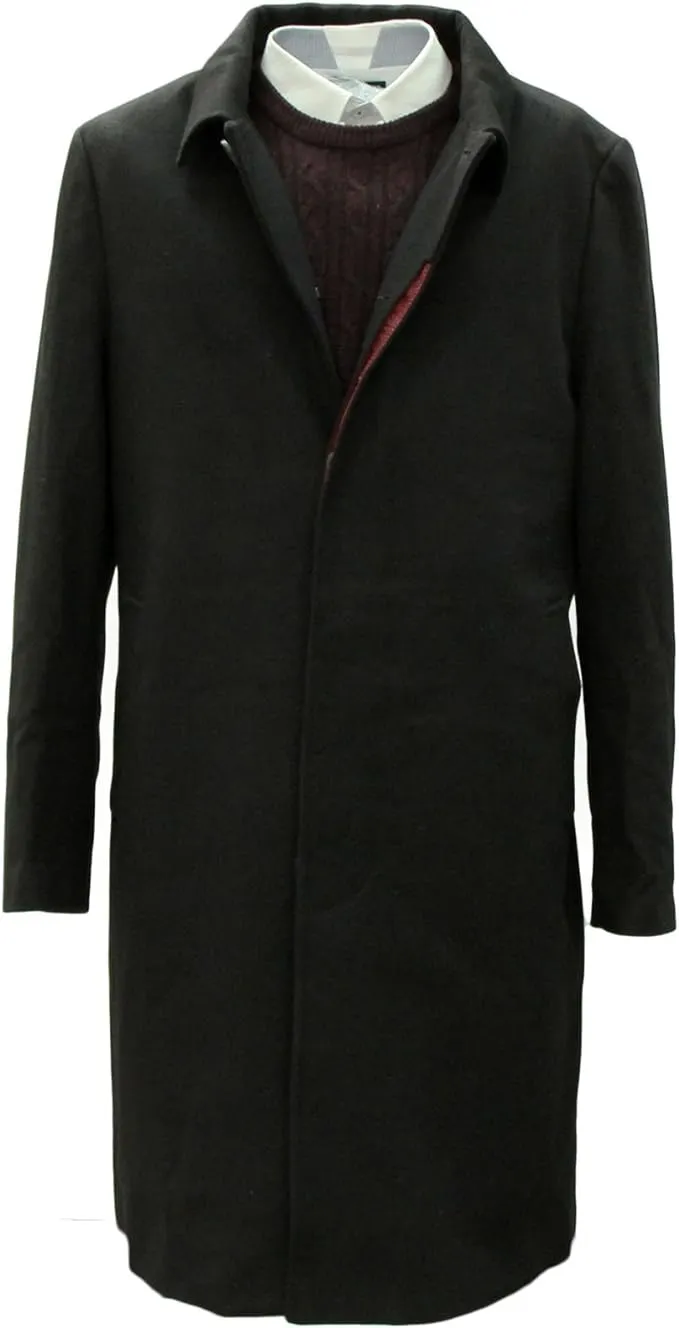 Men's Black Wool Overcoat with Red Lining